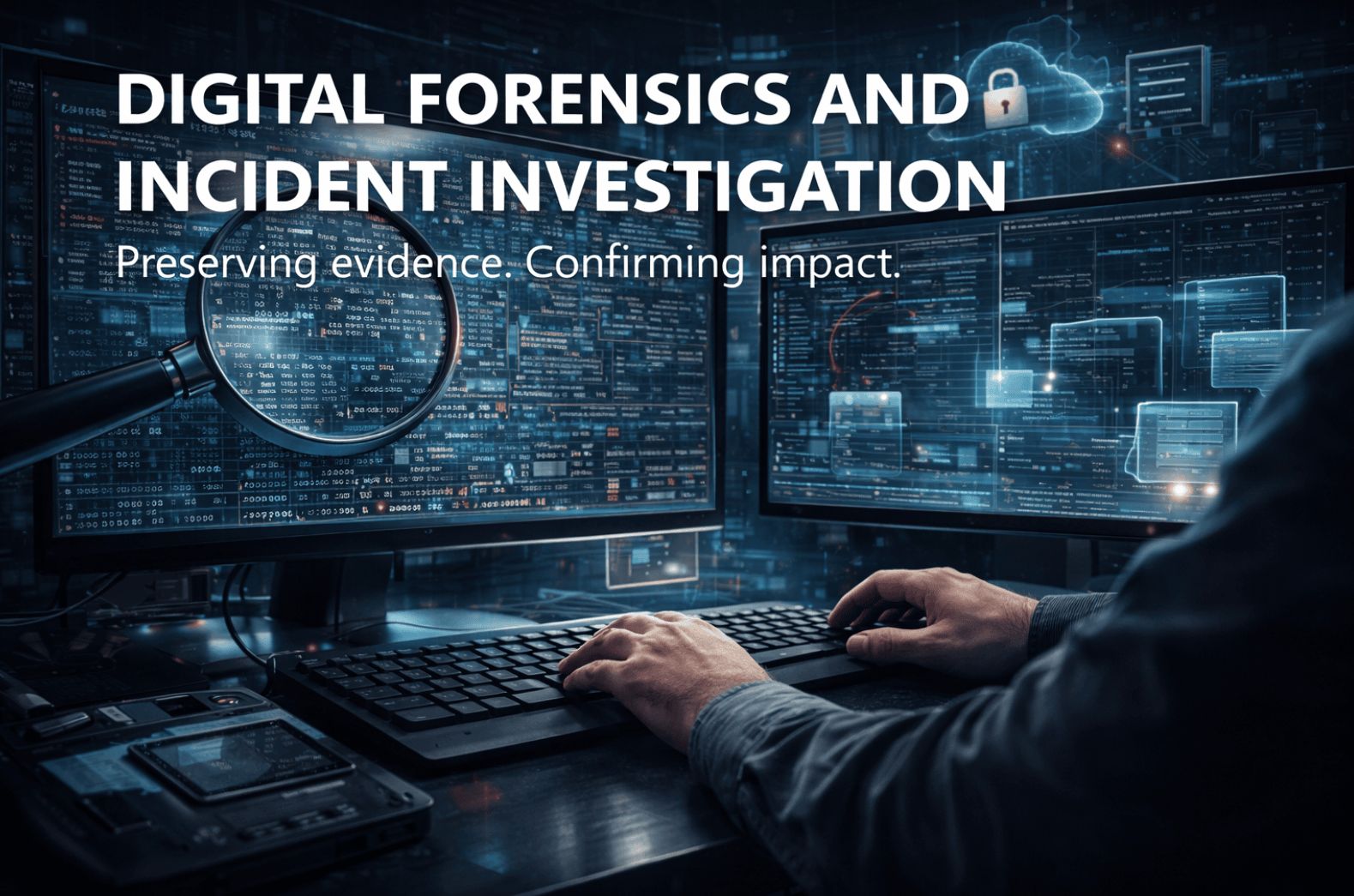 Digital forensics and incident investigation showing evidence analysis, timelines, and forensic validation